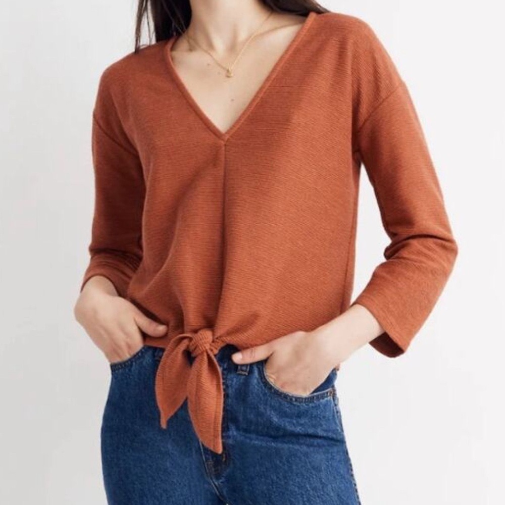 Madewell Tie‎ Front Top XXS Burnt Orange Jacquard V Neck Western Casual